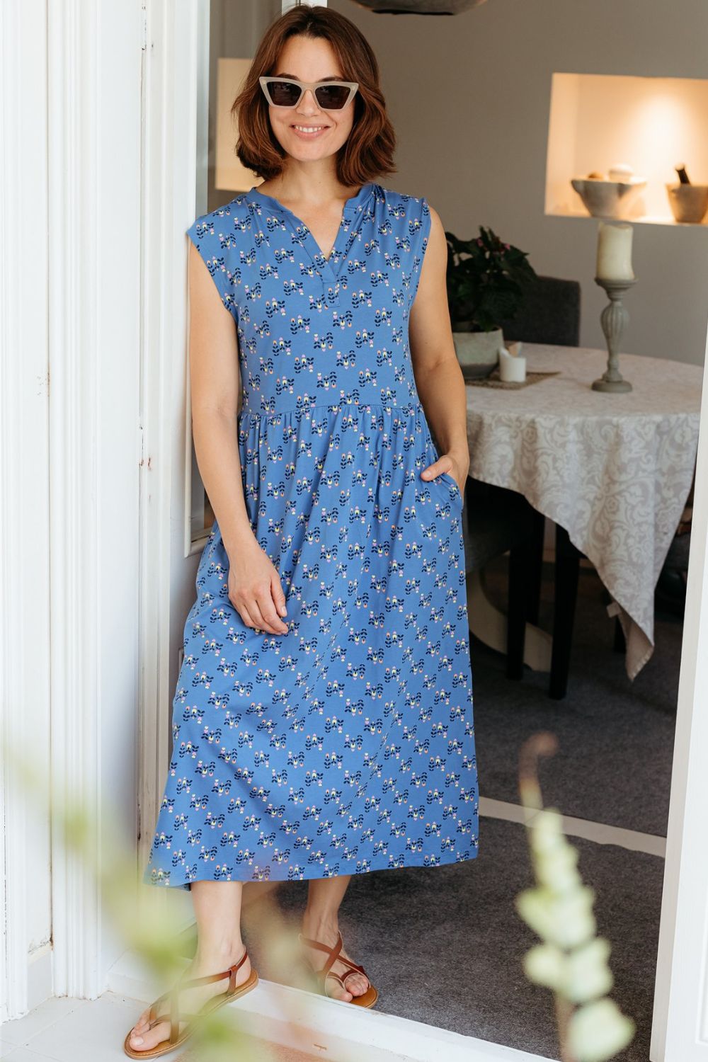 Nina Jersey Midi Dress - Blue, Folklore Twist  Sugarhill Brighton