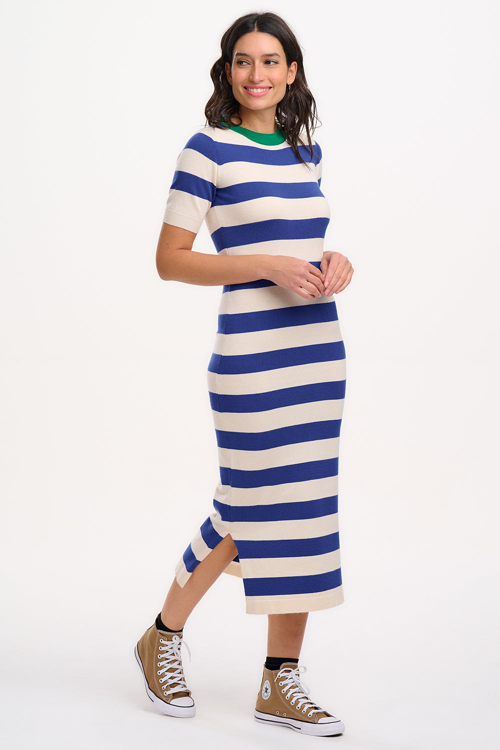 Sybil Midi Knit Dress - Blue/White, Contrast Neck Sugarhill Brighton Sybil Midi Knit Dress - Blue/White, Contrast Neck Sugarhill Brighton