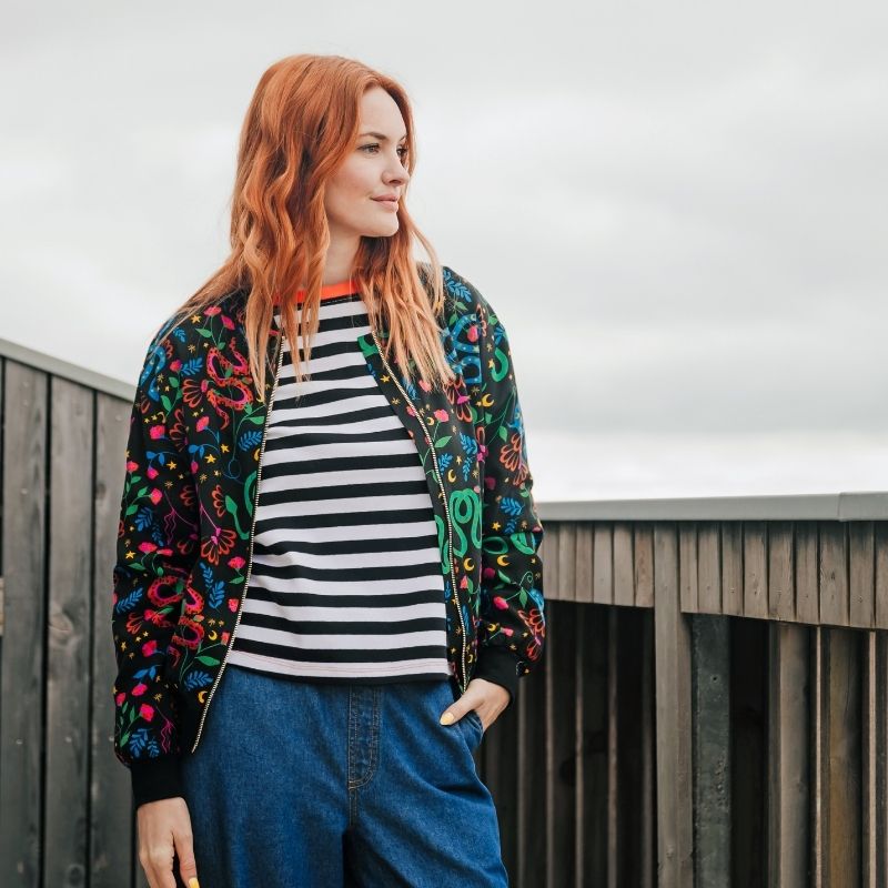 Sugarhill Brighton model wearing Yvette Cardigan multi, climbing tigers