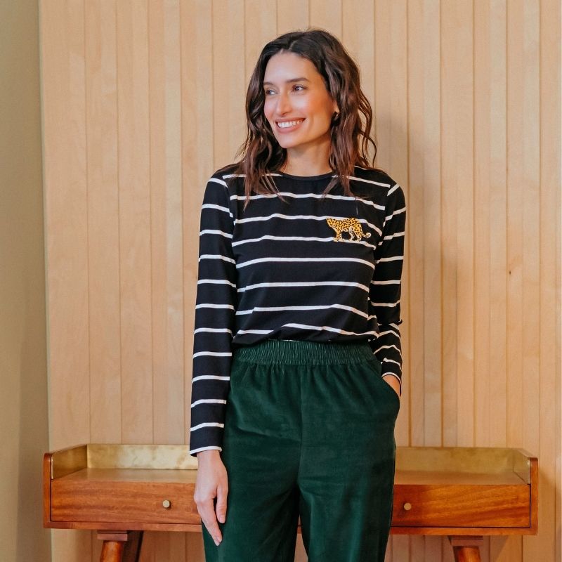 model wearing stripey top 
