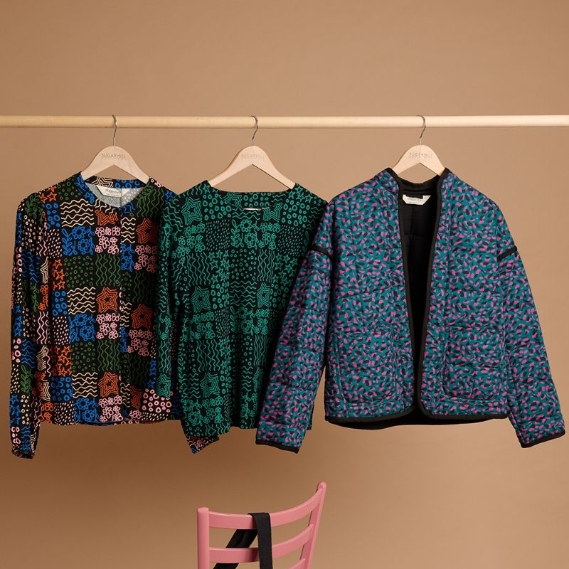 Sugarhill Brighton model wearing Yvette Cardigan multi, climbing tigers