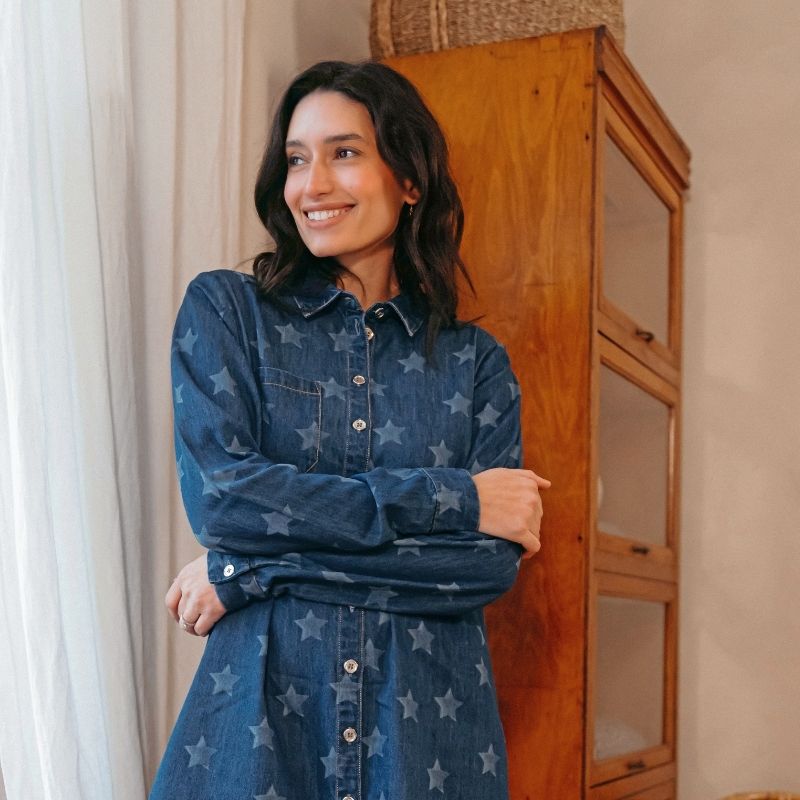 Sugarhill Brighton model wearing ilsa denim dress