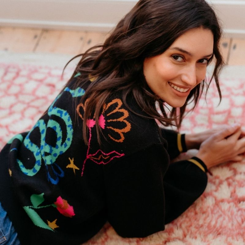 Close up of Sugarhill brighton Adrian Cardigan, Black/Snake Floral