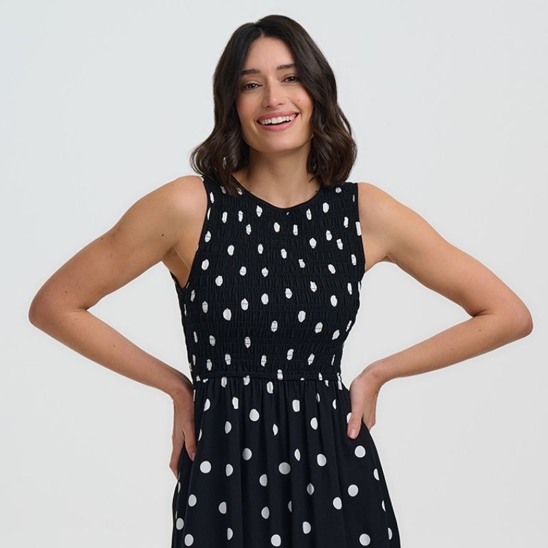 a close up of a polka dot dress