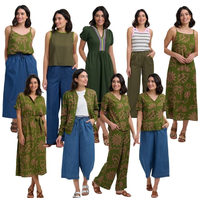 a line up of green outfits 