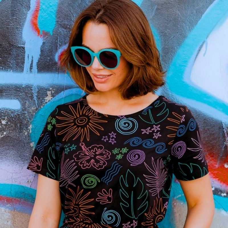 Sugarhill Brighton model wearing neon print top