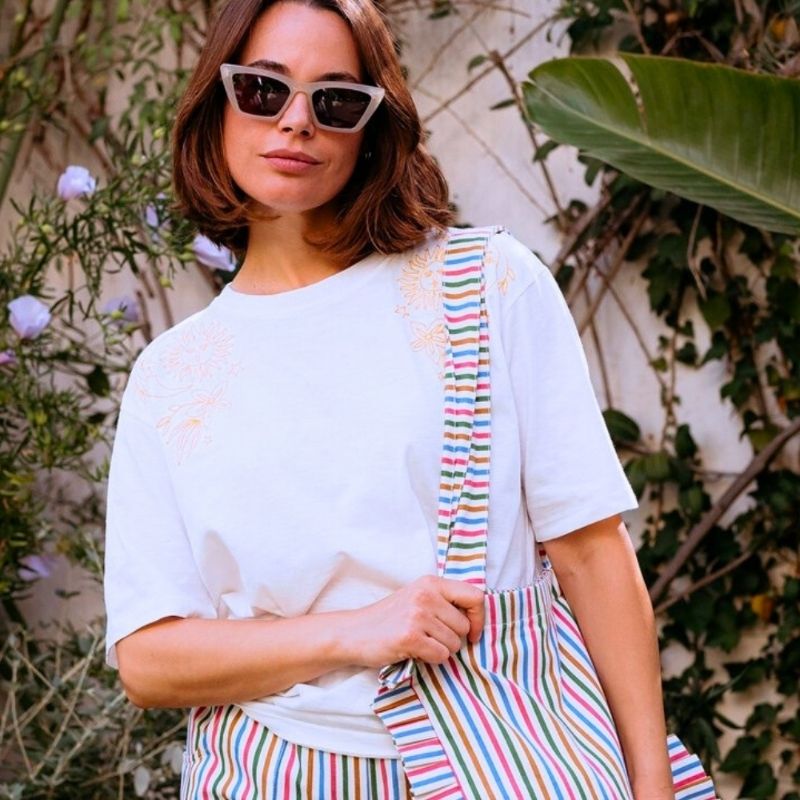 a close up of striped bag