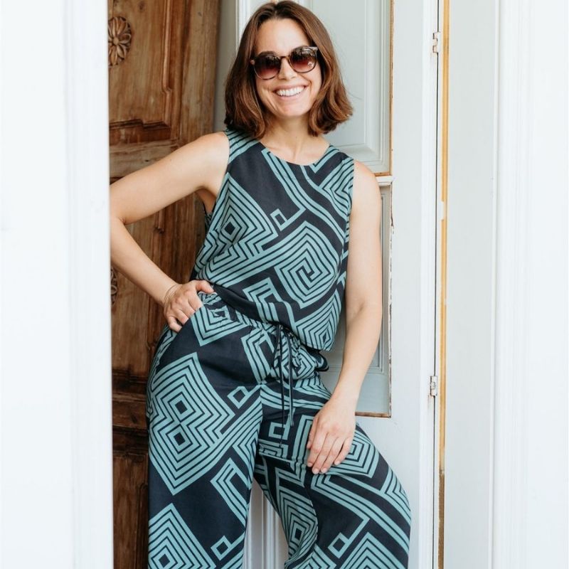 a woman wearing a colourful co-ord