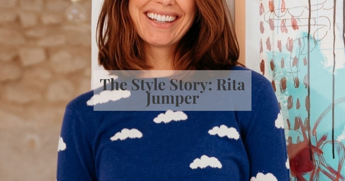 woman modelling a cloud print jumper 