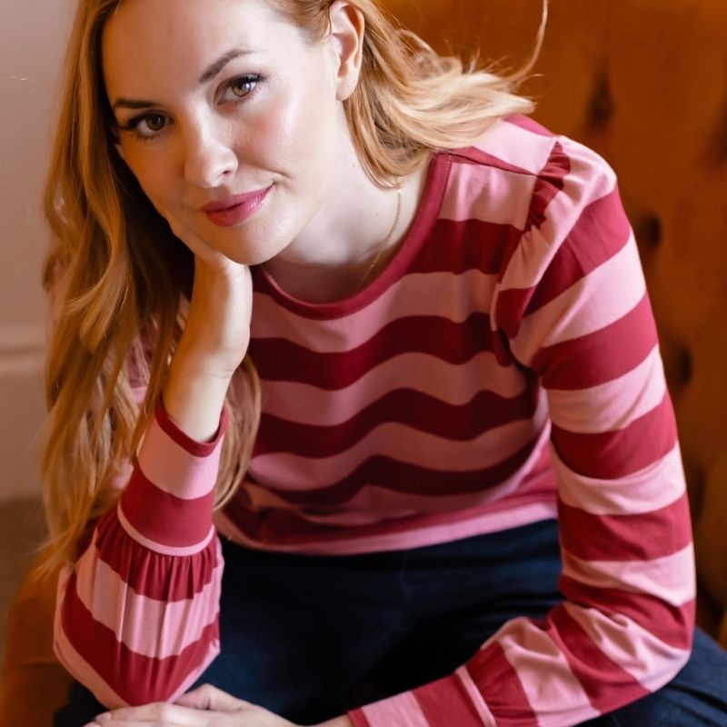 Sugarhill Brighton model wearing weating blue jumper
