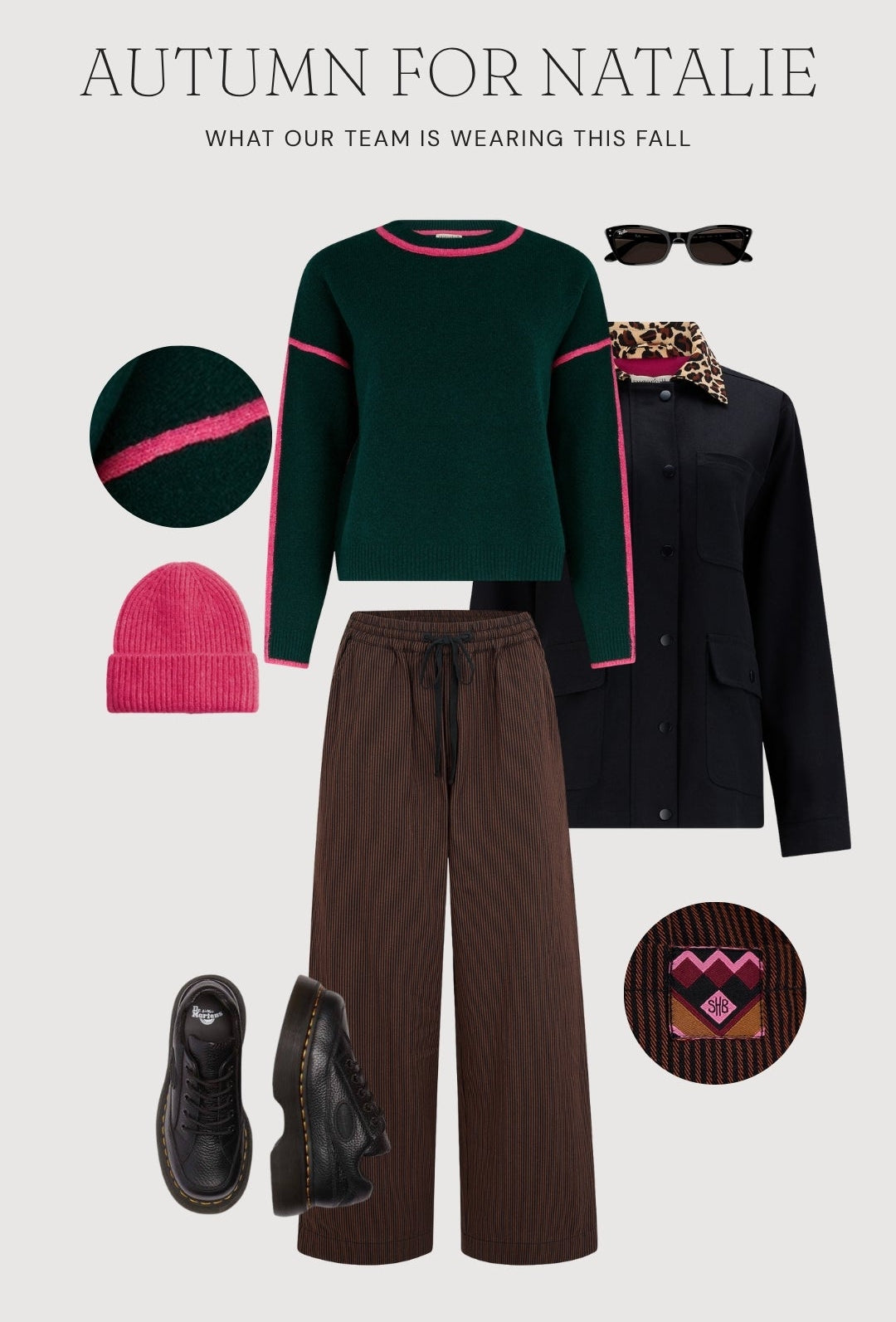 An autumn fashion outfit collage titled 'AUTUMN FOR NATALIE' on a light gray background, featuring a dark green cropped sweater with pink trim, brown wide-leg pants, a black button-up jacket, black shoes, a pink beanie, sunglasses, and circular detail insets.