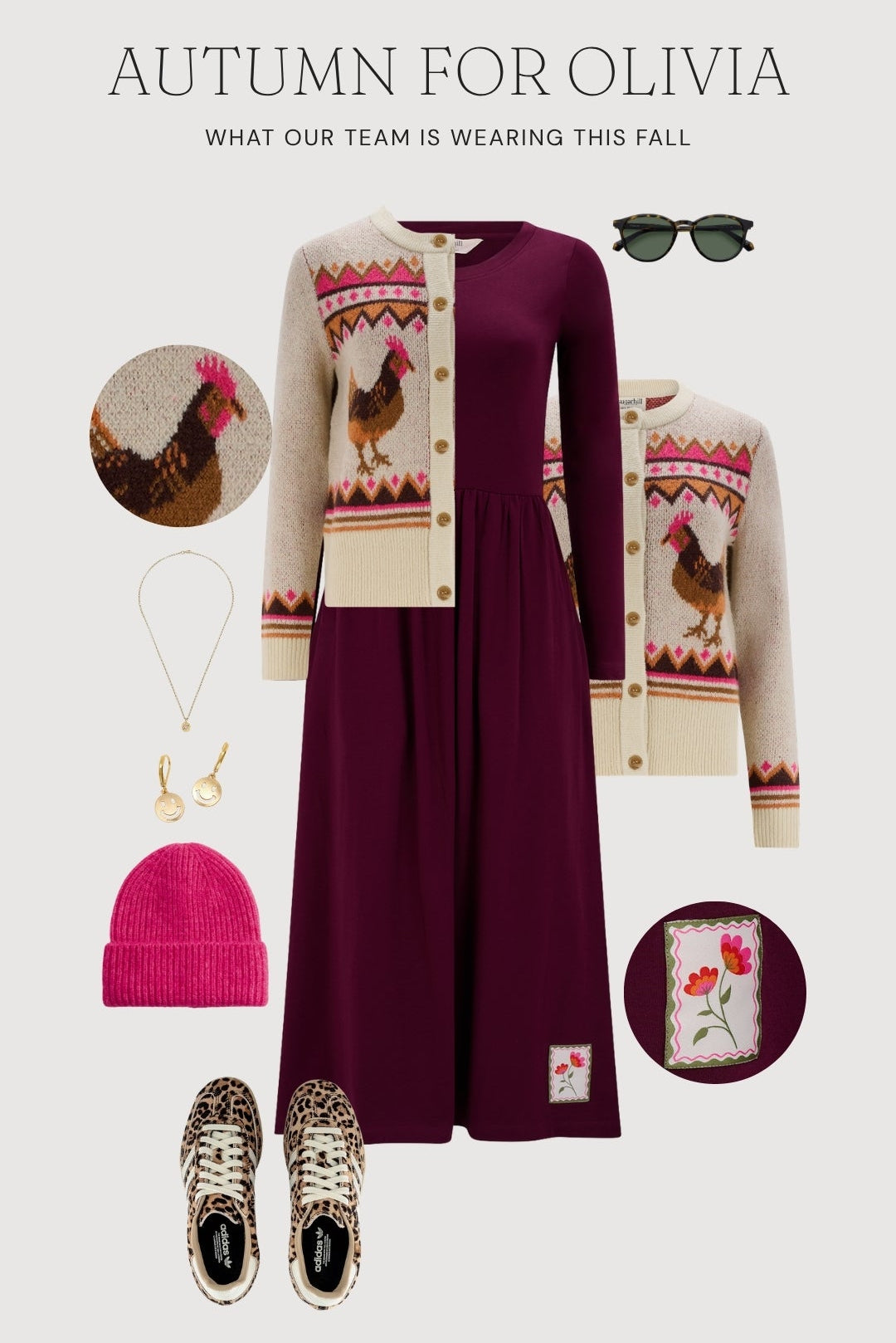 An autumn fashion outfit collage titled 'AUTUMN FOR OLIVIA' on a light gray background. The central product is a long burgundy dress layered under a cream cardigan with a brown rooster graphic and red geometric trim.