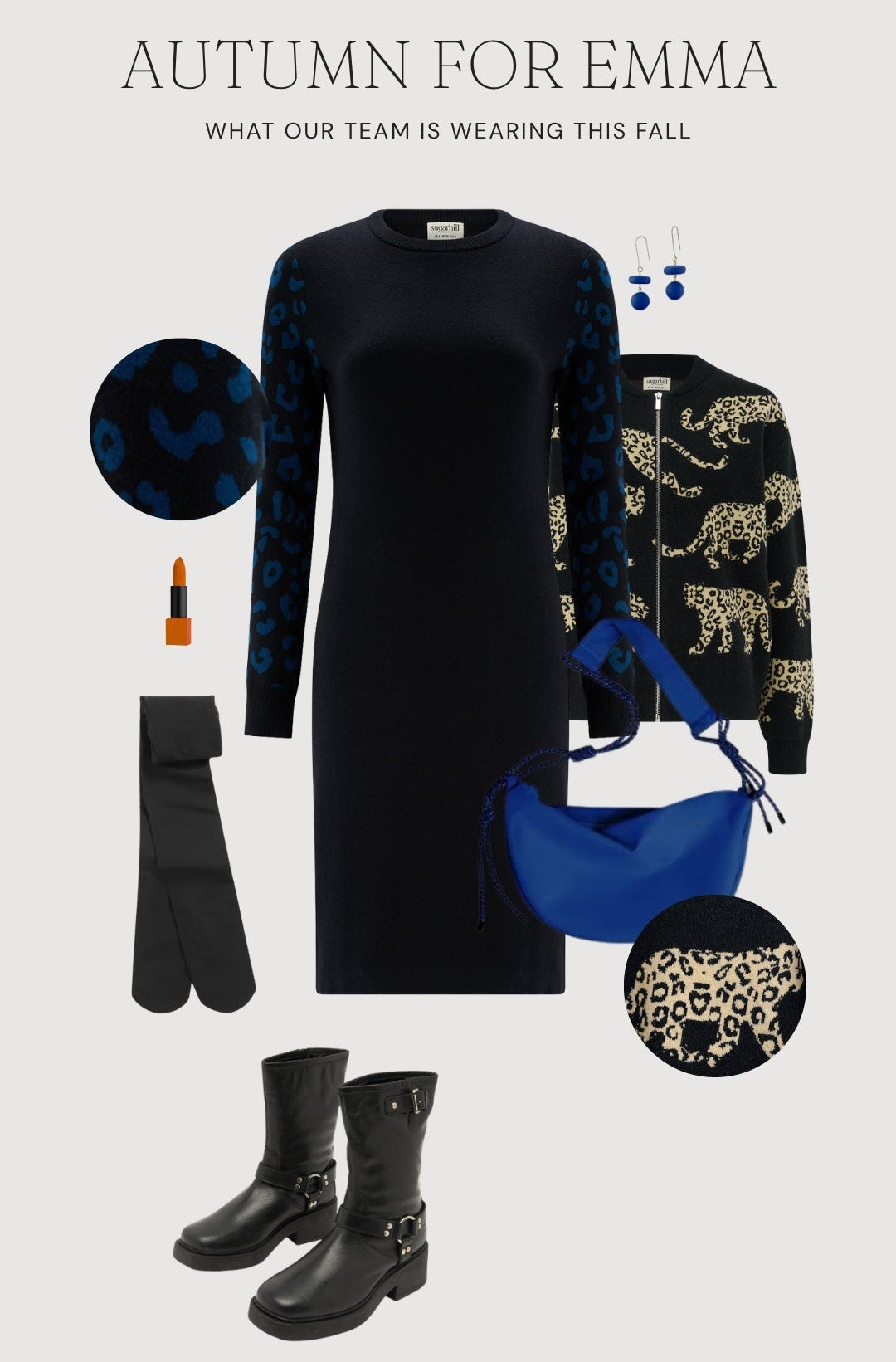 An autumn fashion outfit collage titled 'AUTUMN FOR EMMA' on a light gray background. The styled look includes a black long-sleeve dress with blue leopard-print sleeves, a black leopard-print cardigan, black ankle boots, a blue crescent shoulder bag, black gloves, blue earrings, and a small orange lipstick.