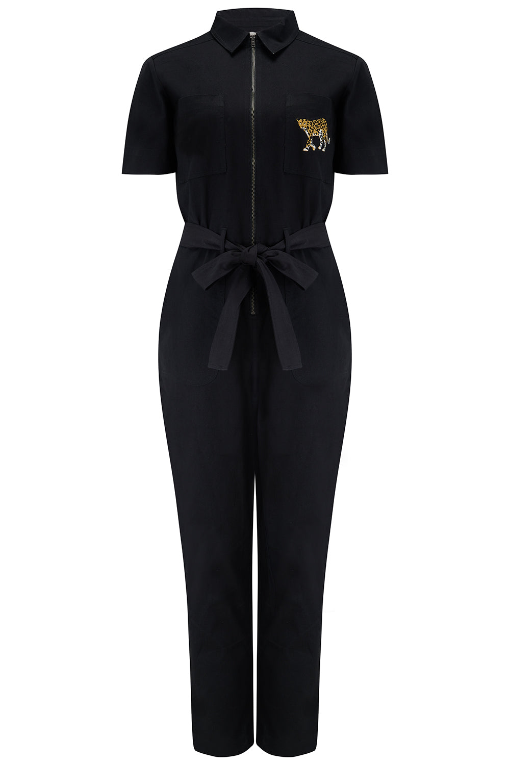 A black boilersuit with a leopard pocket
