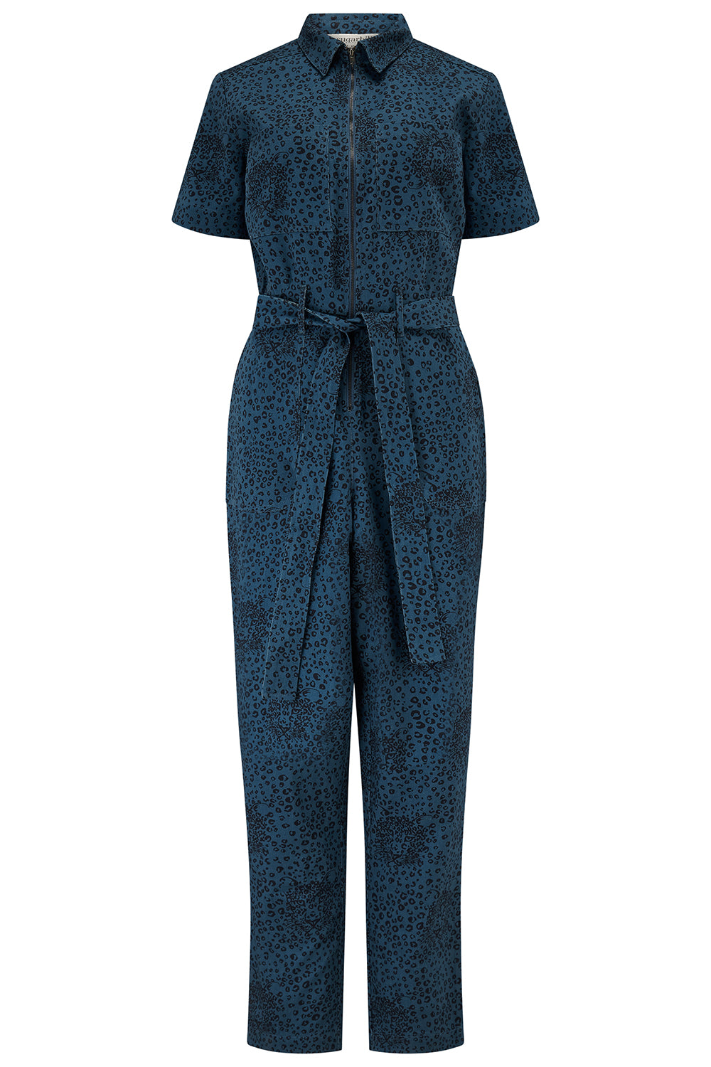 Sugarhill Brighton blue patterned jumpsuit on a white background