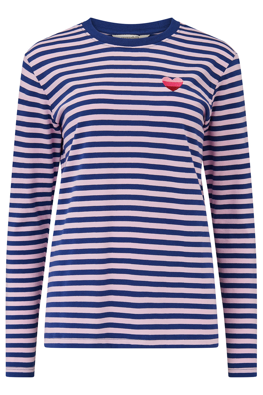Sugarhill Brighton blue and white striped long-sleeve shirt with a red heart on a white background