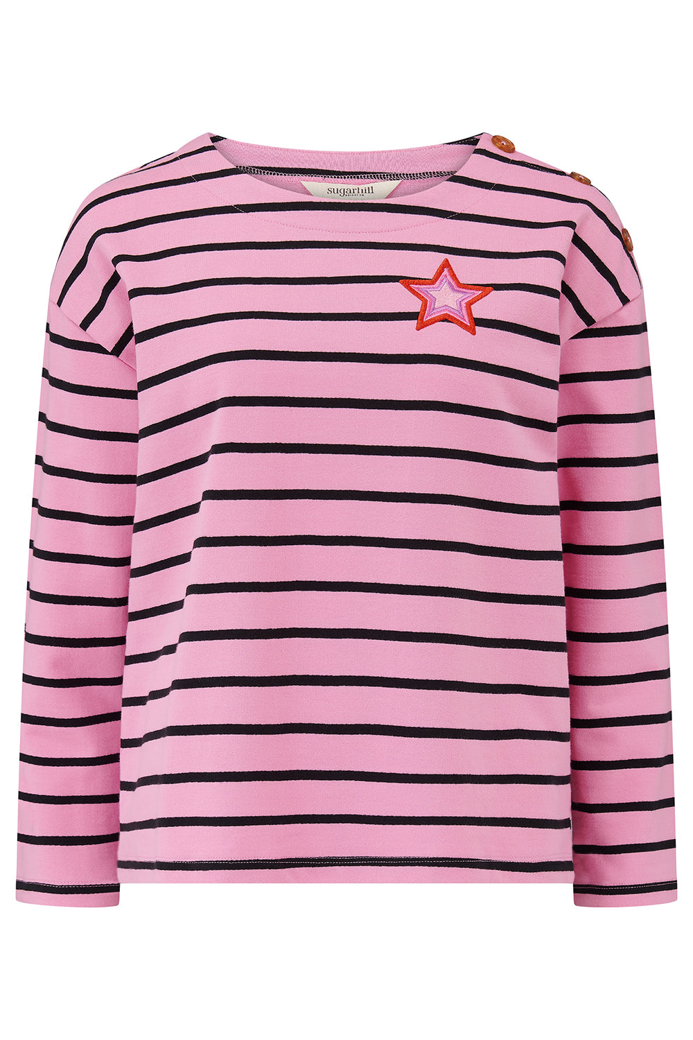 Sugarhill Brighton pink and black striped shirt with a star design on a white background