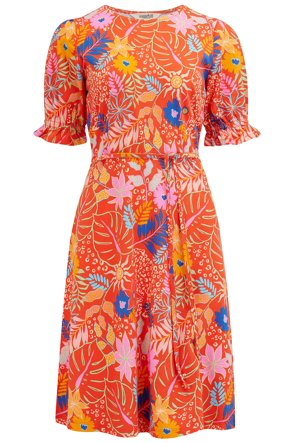 A red mini dress with a floral pattern and three-quarter sleeves.