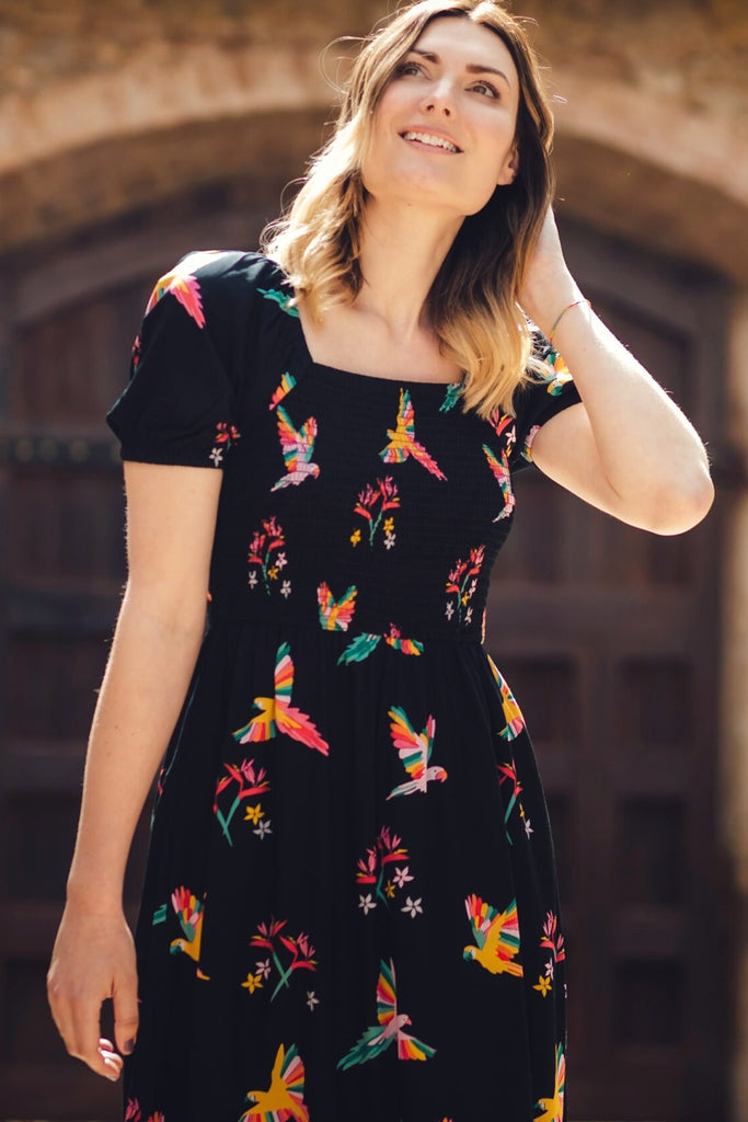 Sugarhill Brighton Maryjane Midi Dress in Off-White, Tropical Hummingbird