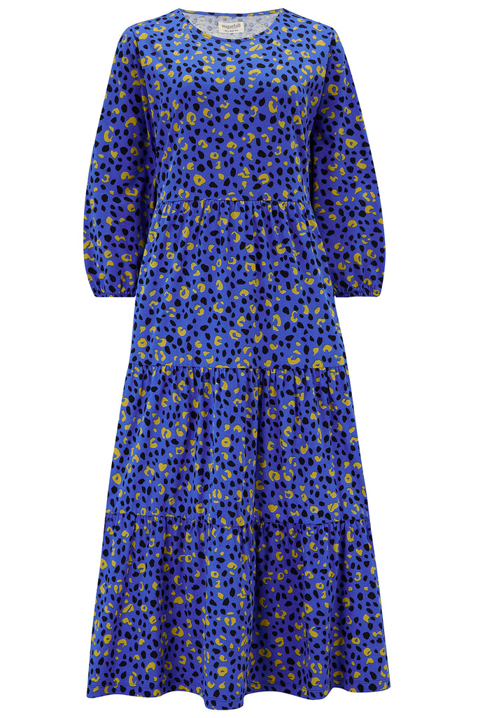 Bakari Jersey Tiered Midi Dress - Blue, Painted Leopard – Sugarhill ...