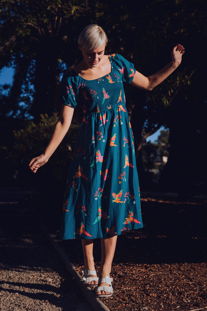 Sugarhill Brighton Darcie Black Rainbow Folk Bird Shirred Midi Dress