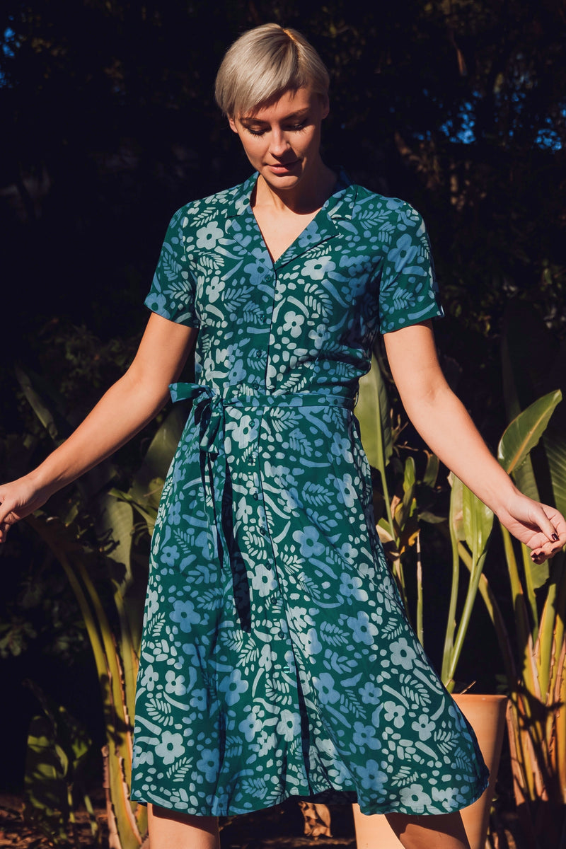 Fiona Batik Midi Shirt Dress - Teal Green, Painted Floral – Sugarhill ...