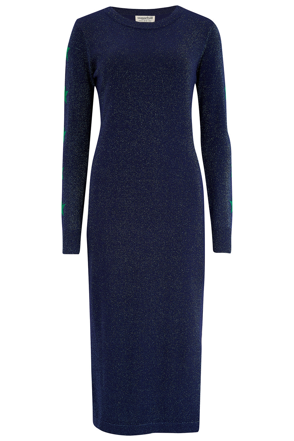 A navy knit midi dress with star sleeves and a slit at the bottom. 
