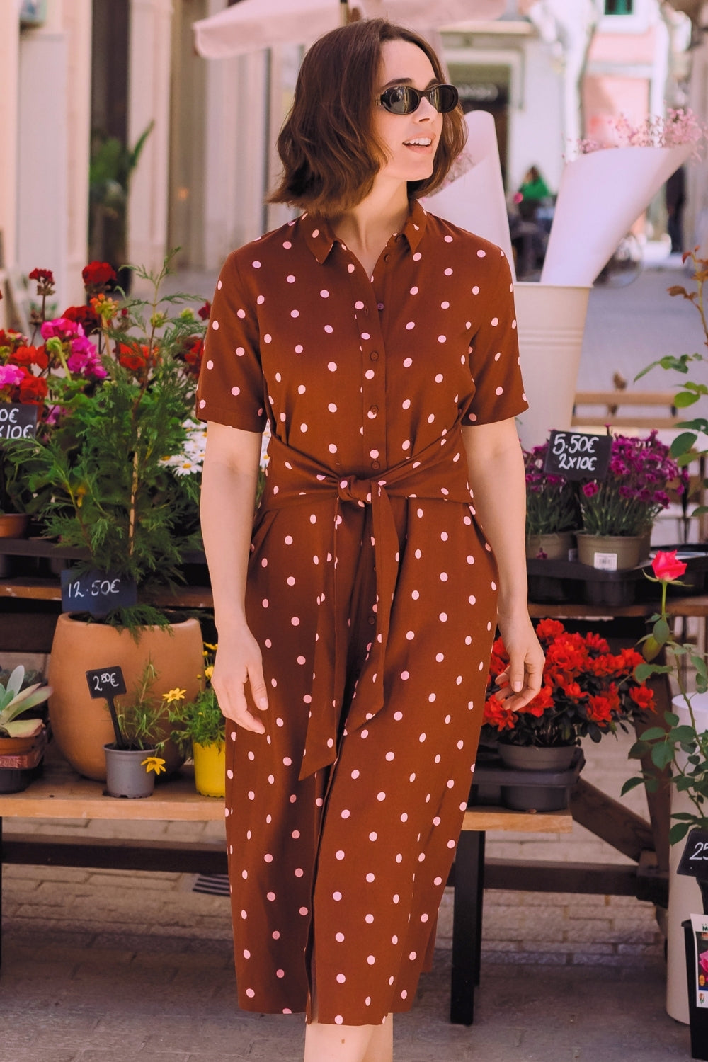 Celeste Midi Shirt Dress - Brown, Pink Polka