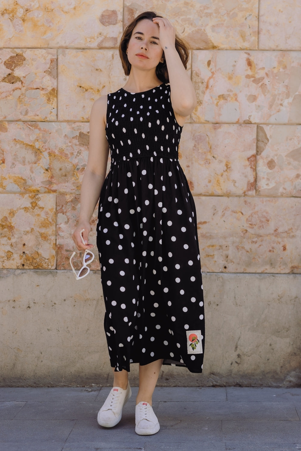 Janice Shirred Midi Dress - Monochrome, Polka Dot