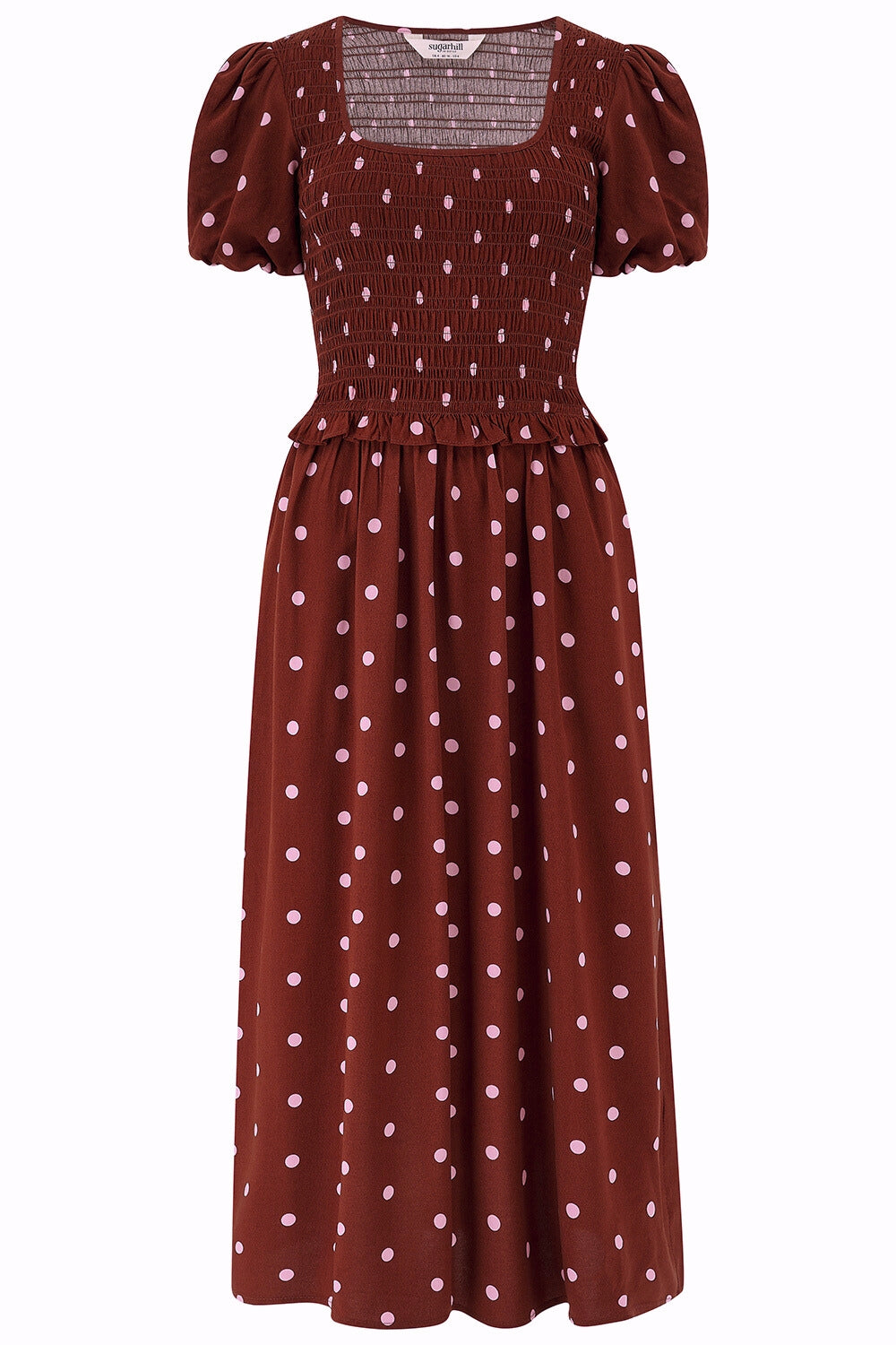 Brown dress with white polka dots on a white background