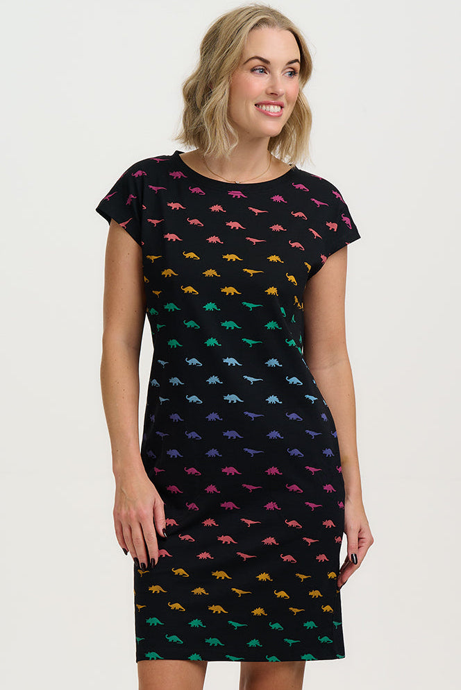 Katelyn Jersey T-Shirt Dress - Black, Jurassic Jive Rainbow