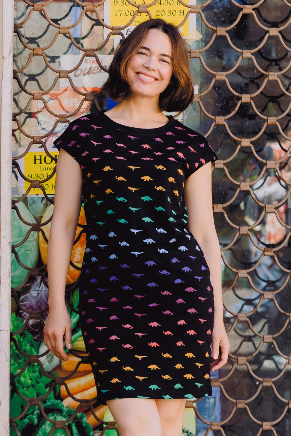 Katelyn Jersey T-Shirt Dress - Black, Jurassic Jive Rainbow