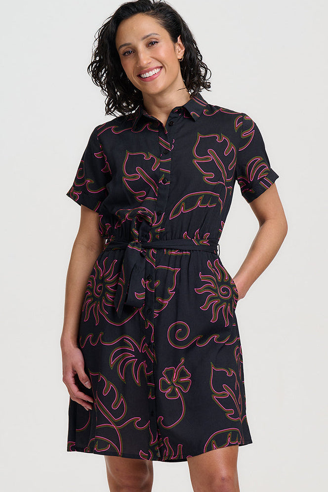 Aileen Mini Shirt Dress - Black, Tropical Lines