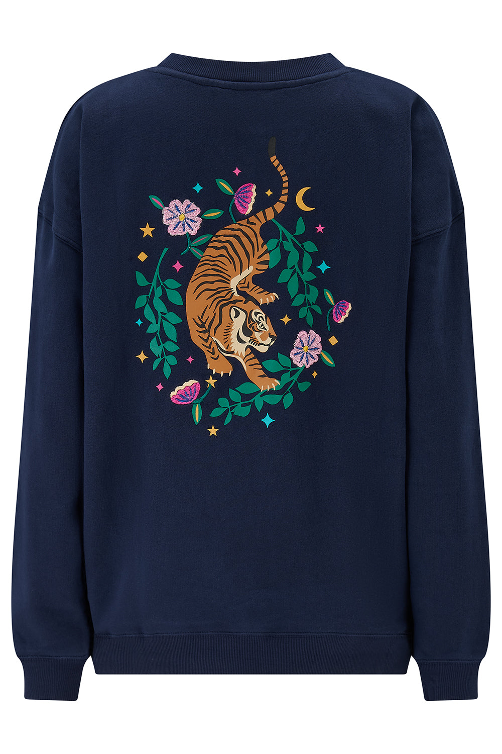 Navy blue sweatshirt with a tiger design on the back against a white background