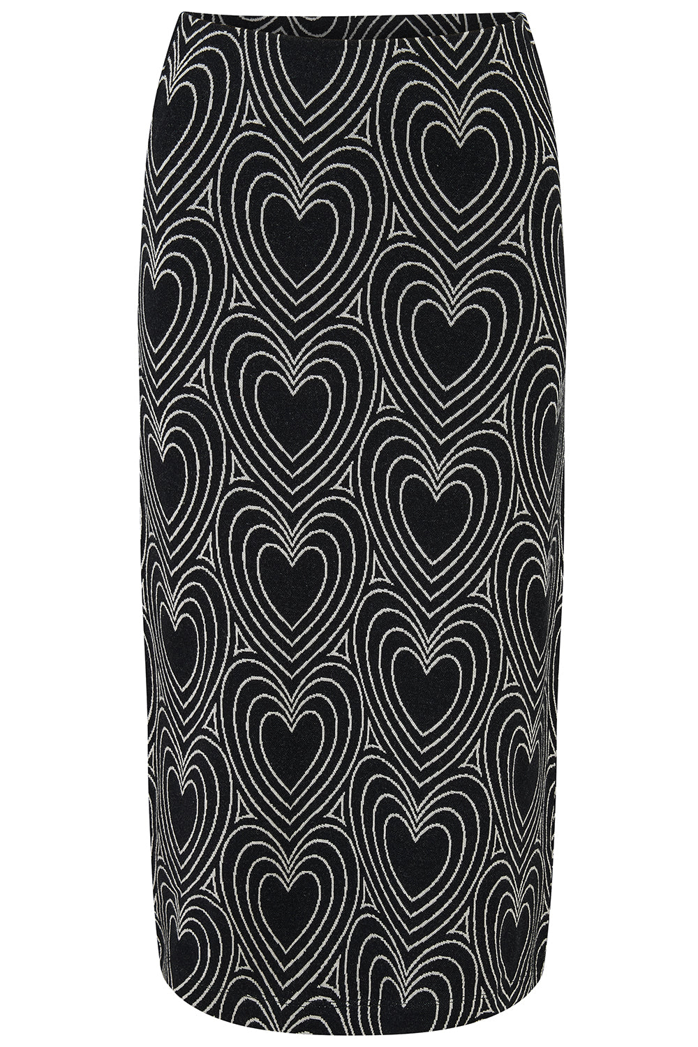 Black pencil skirt with white heart pattern on a white background