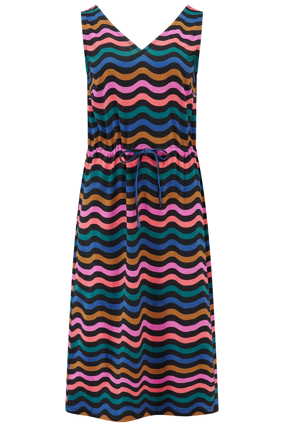 A sleeveless midi dress with a wavy chevron stripe pattern in black, teal, navy, tan, pink, and coral colors.