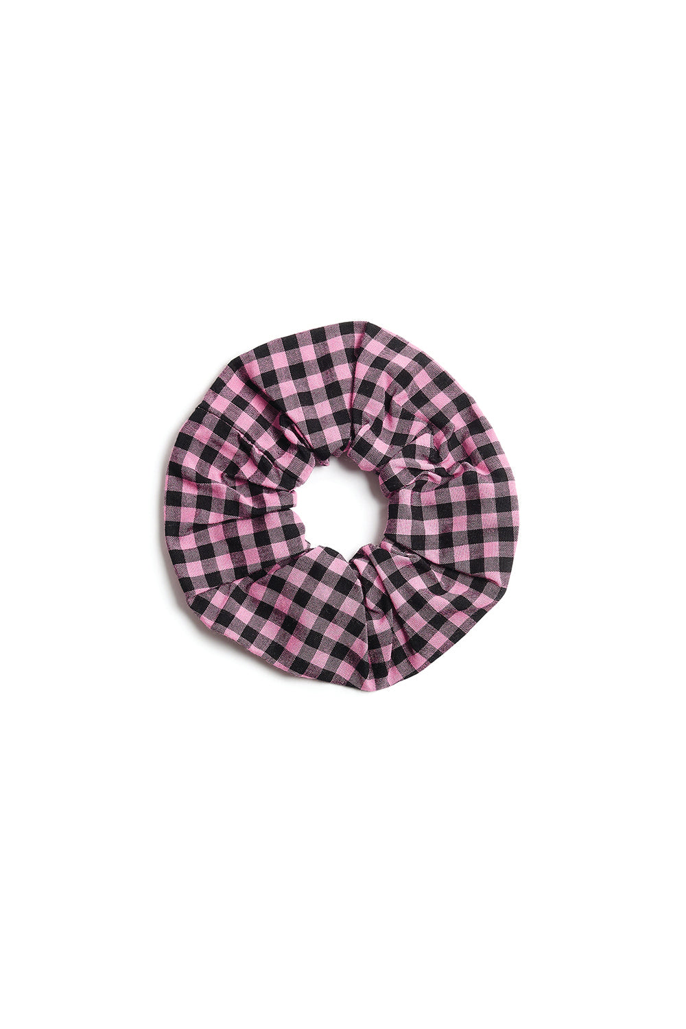 Purple and black checkered scrunchie on a white background