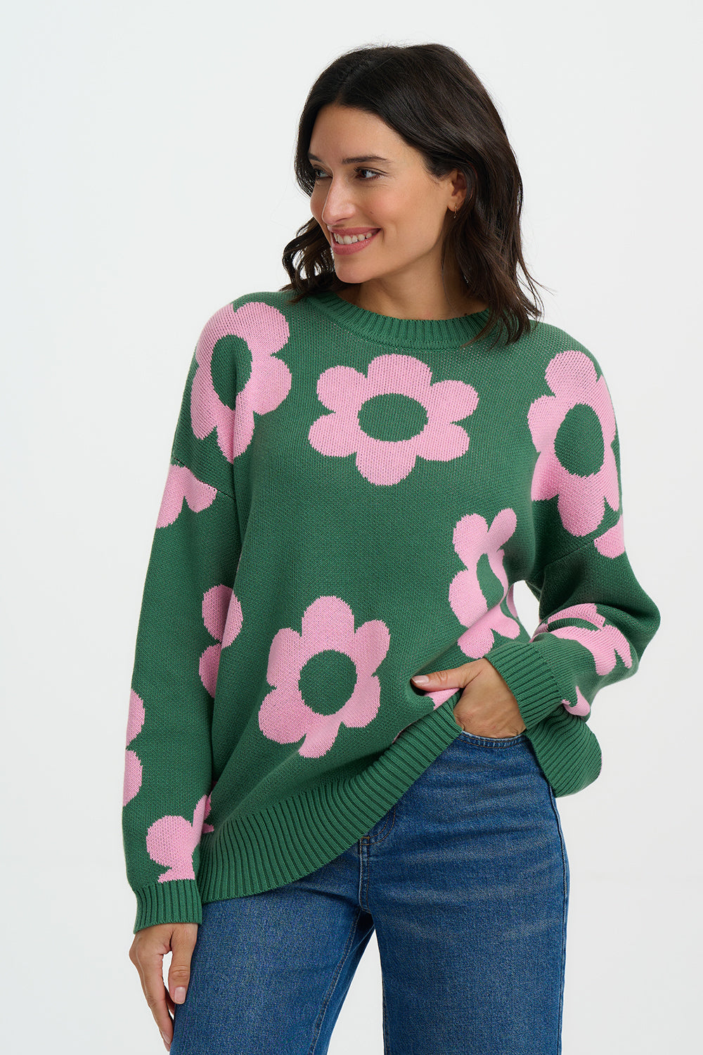 Leona Jumper - Green/Pink, Fresh Flowers