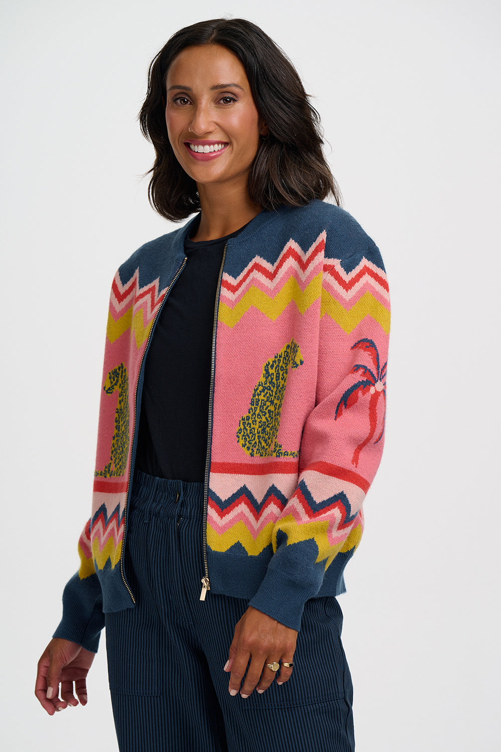 Solana Knitted Bomber - Multi, Leopard And Palms