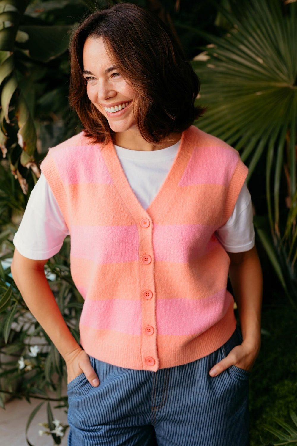Amber Knit Vest - Peach/Pink, Pastel Stripe
