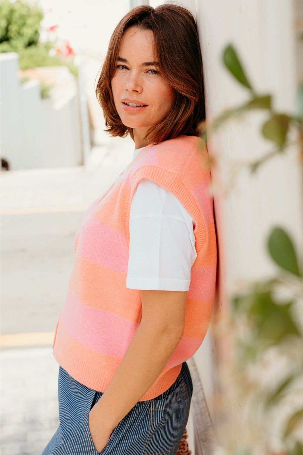 Amber Knit Vest - Peach/Pink, Pastel Stripe