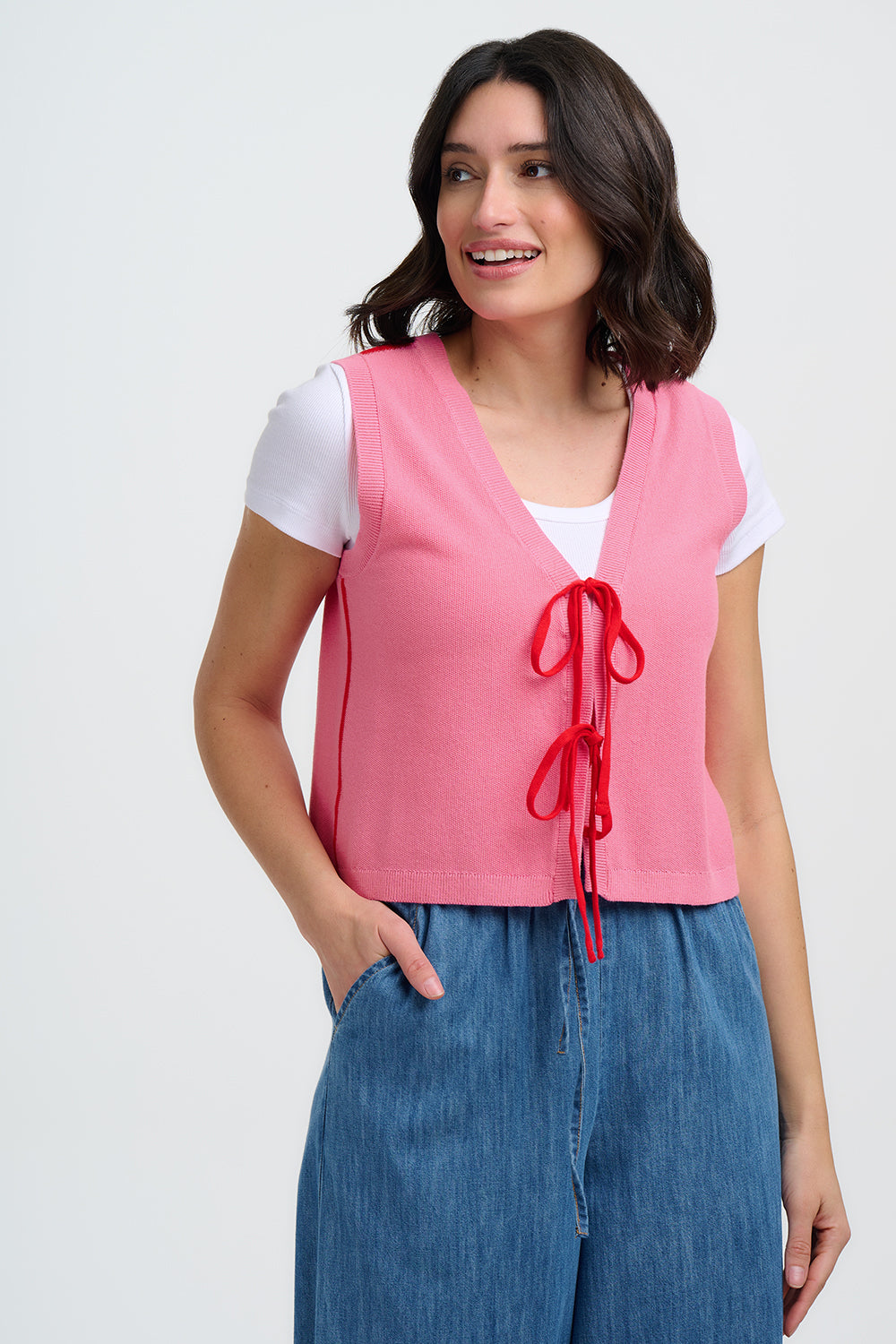 Zina Knit Vest - Pink, Red Tipping