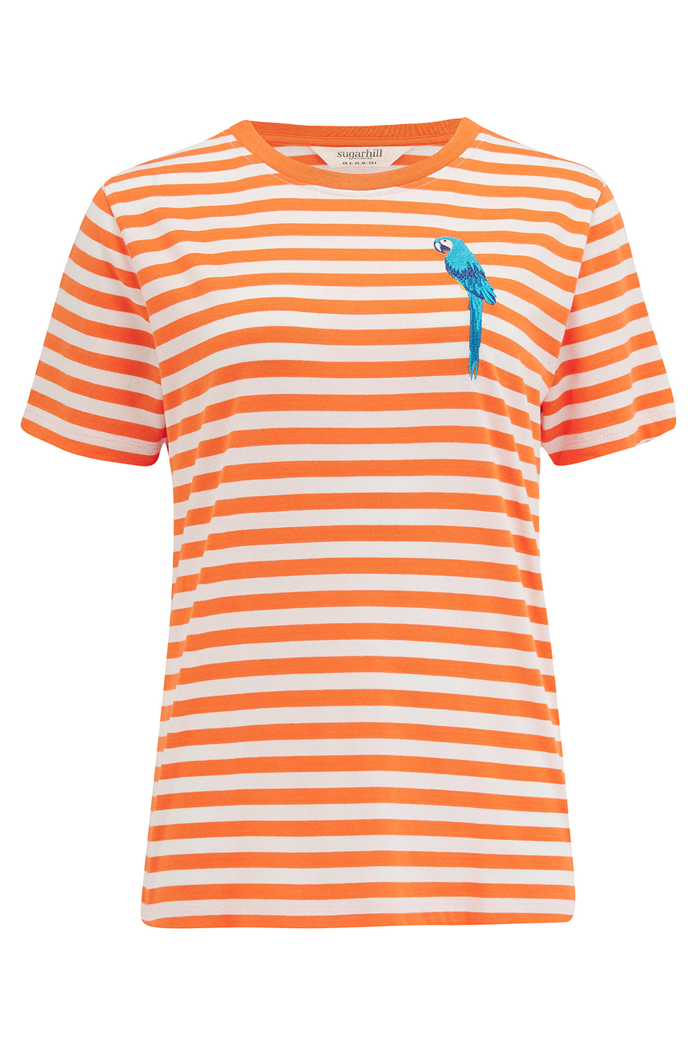 An off-white and orange striped t-shirt with a blue embroidered parrot on the chest.