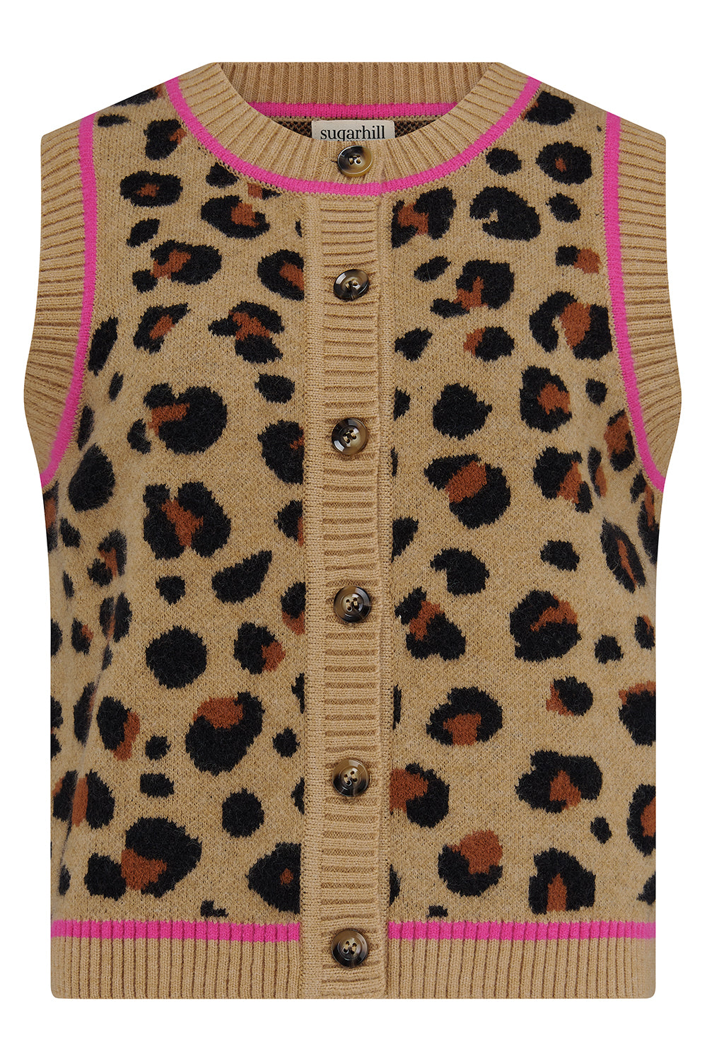 Leopard print vest with pink accents on a white background