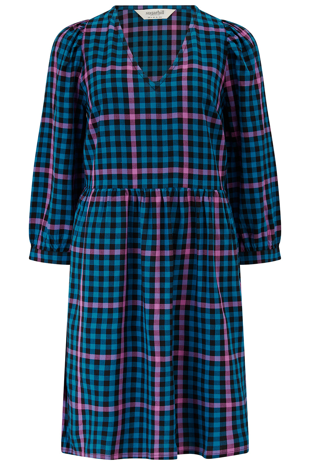 Sugarhill Brighton plaid dress with blue and pink pattern on a white background