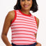A woman wearing a sleeveless fitted pink vest with red stripes, round neckline, and contrast bands around the arm holes.