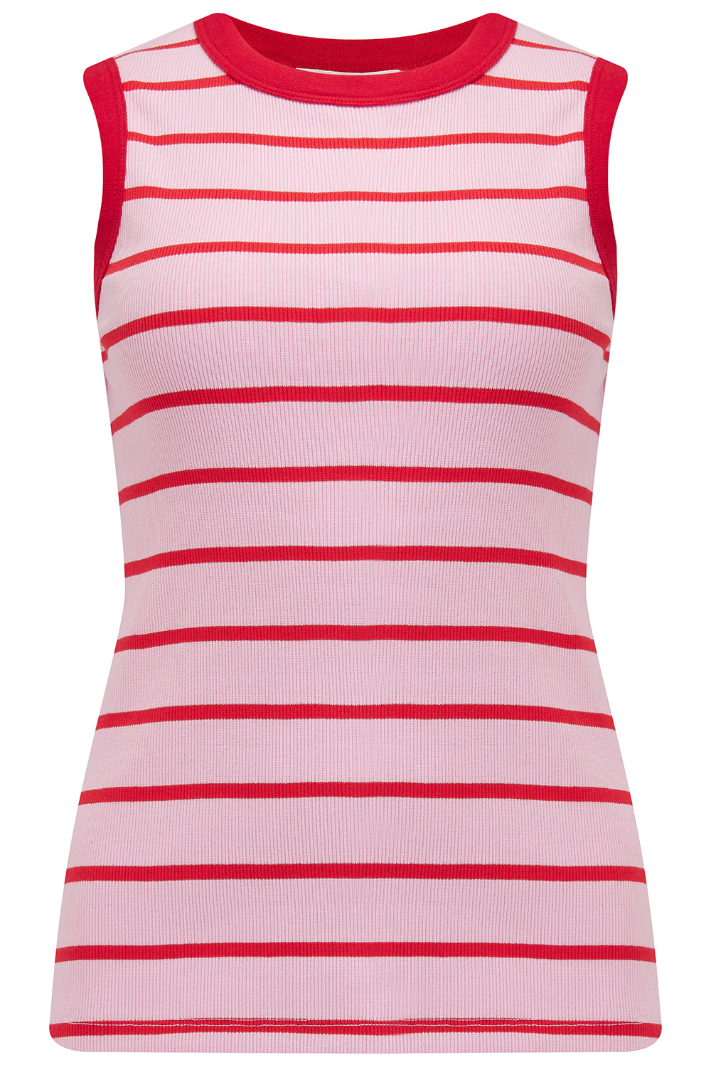 A pink and red striped fitted vest top with a round neckline.