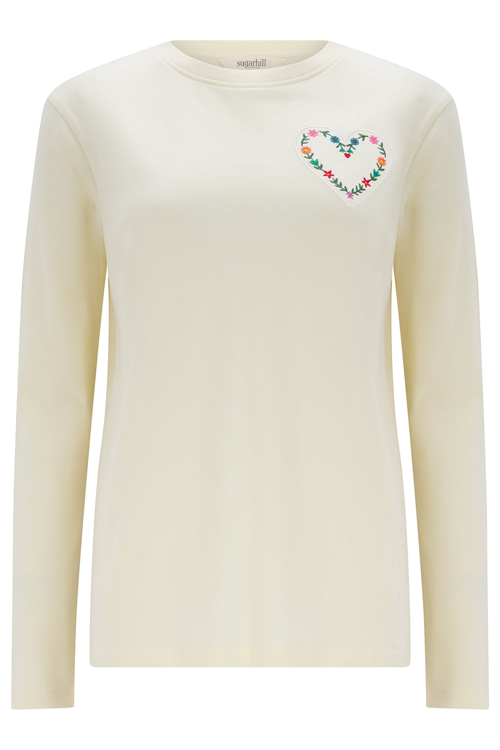 Cream-colored sweater with a colorful heart design on a white background
