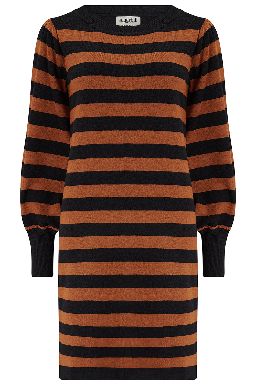 Striped dress with black and brown horizontal stripes on a white background