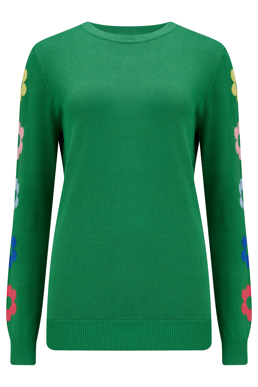 Sugarhill Brighton green jumper with flower motifs on the sleeves.